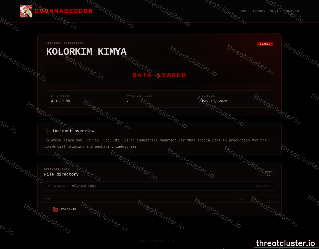 Leak-site post naming KOLORKIM KIMYA, captured by ThreatCluster