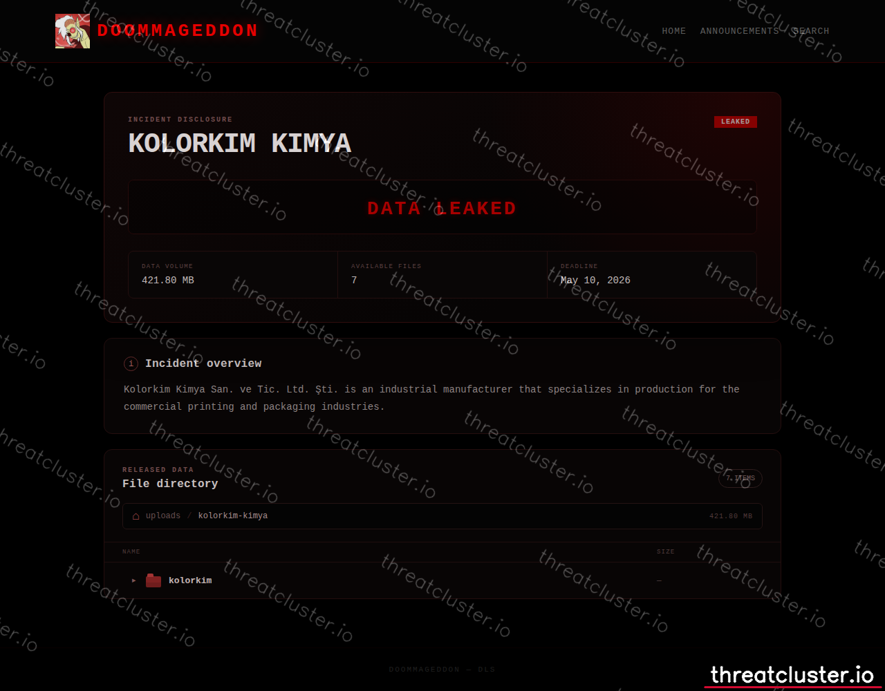 Leak-site post naming KOLORKIM KIMYA, captured by ThreatCluster