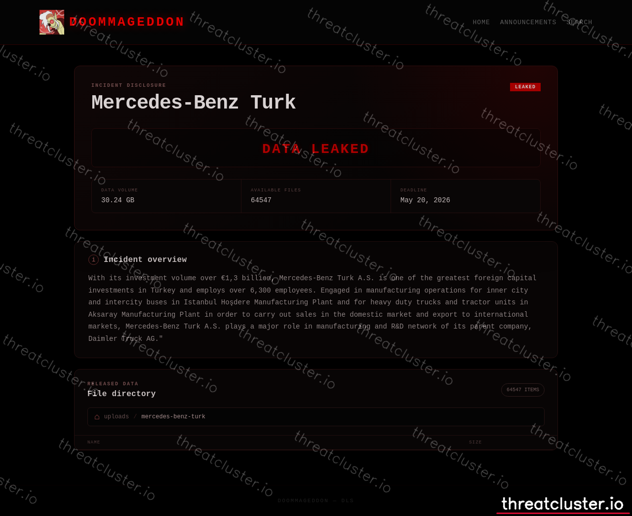 Leak-site post naming Mercedes-Benz Turk, captured by ThreatCluster