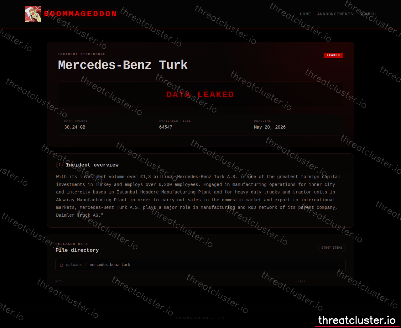 Leak-site post naming Mercedes-Benz Turk, captured by ThreatCluster