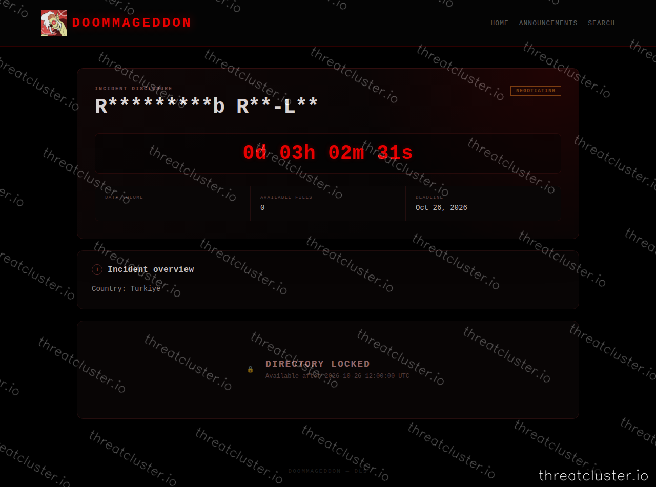 Leak-site post naming R*********b R**-L**, captured by ThreatCluster