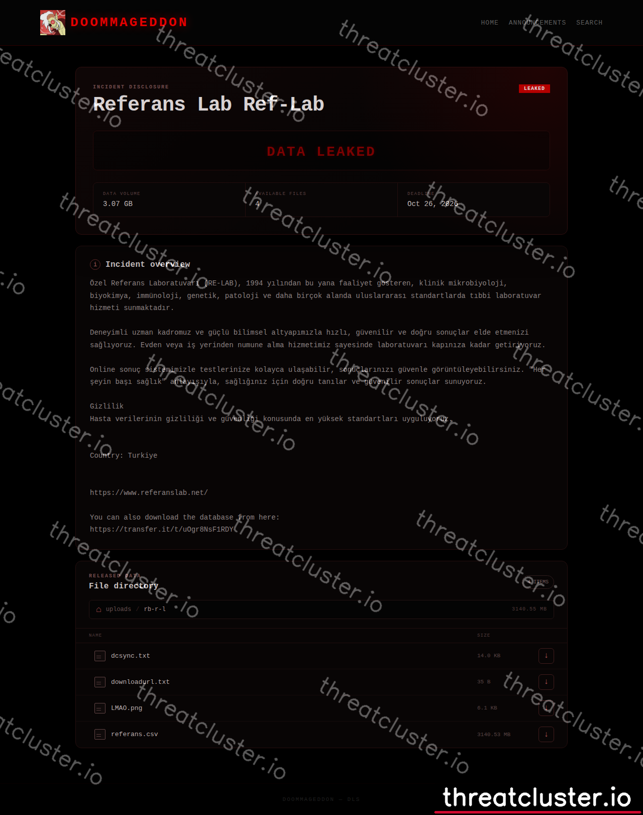 Leak-site post naming Referans Lab Ref-Lab, captured by ThreatCluster