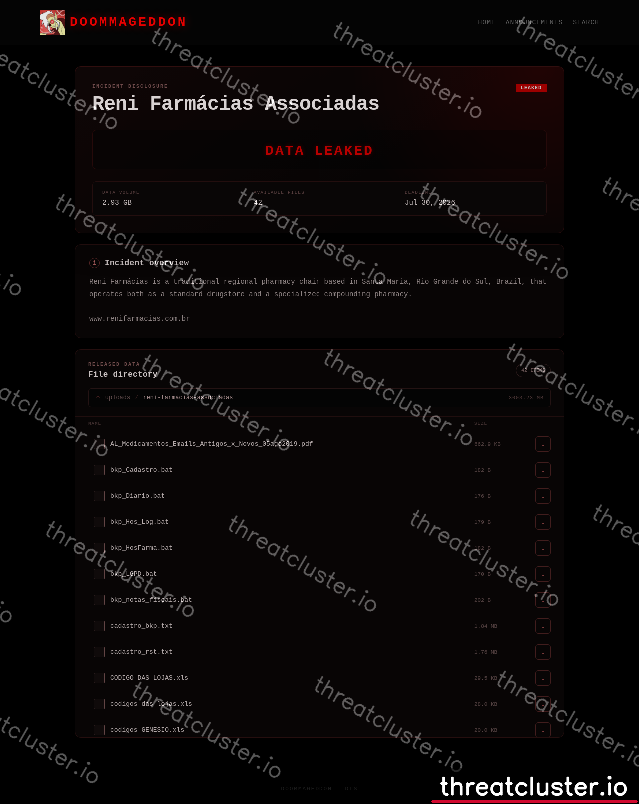 Leak-site post naming Reni Farmácias Associadas, captured by ThreatCluster