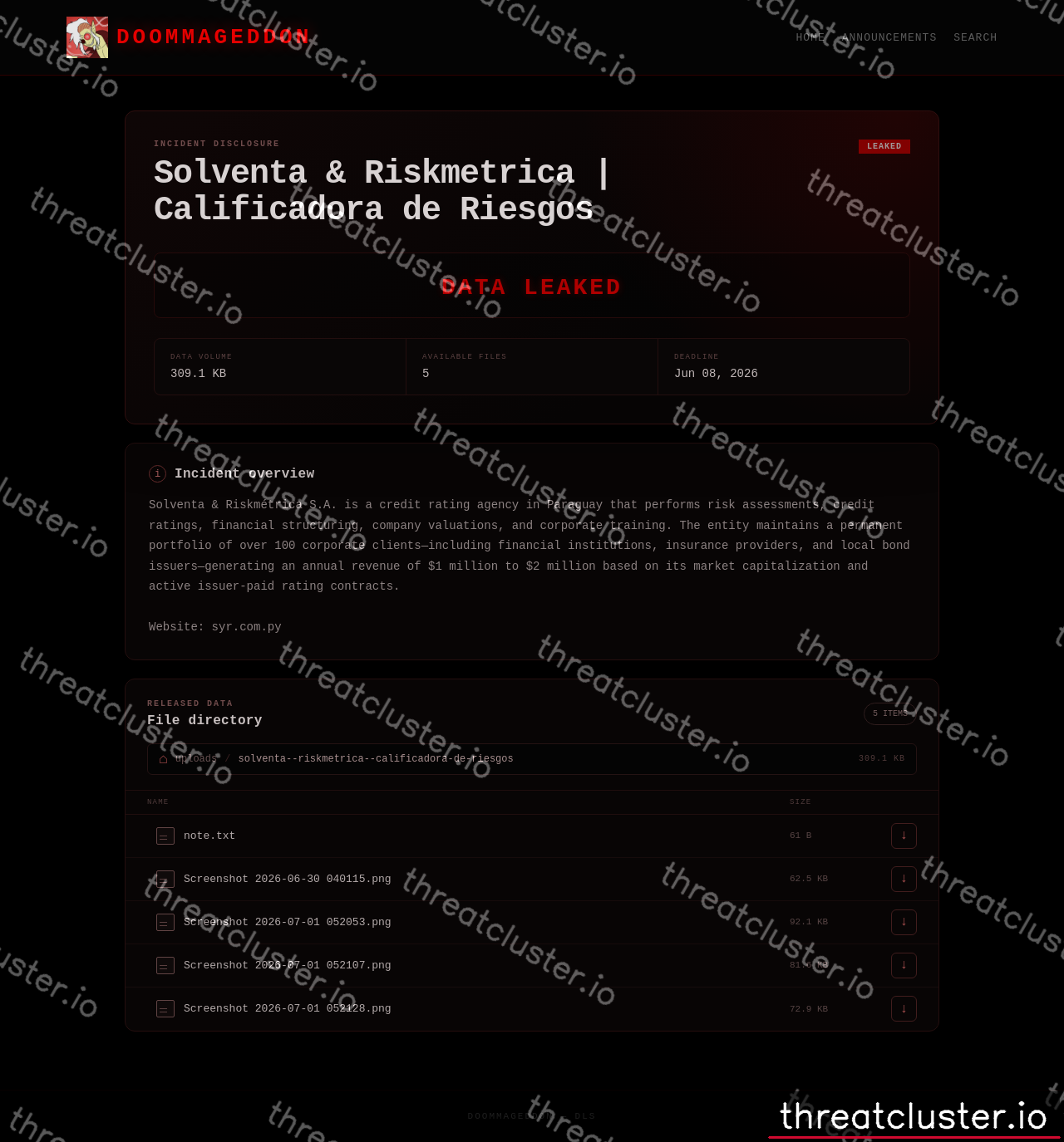 Leak-site post naming Solventa & Riskmetrica | Calificadora de Riesgos, captured by ThreatCluster