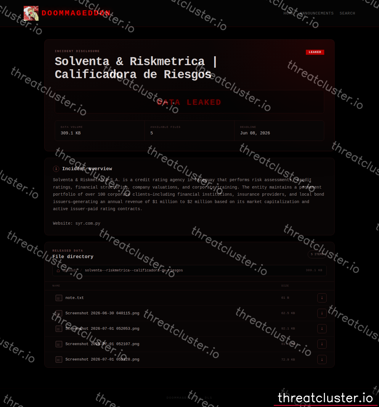 Leak-site post naming Solventa & Riskmetrica | Calificadora de Riesgos, captured by ThreatCluster