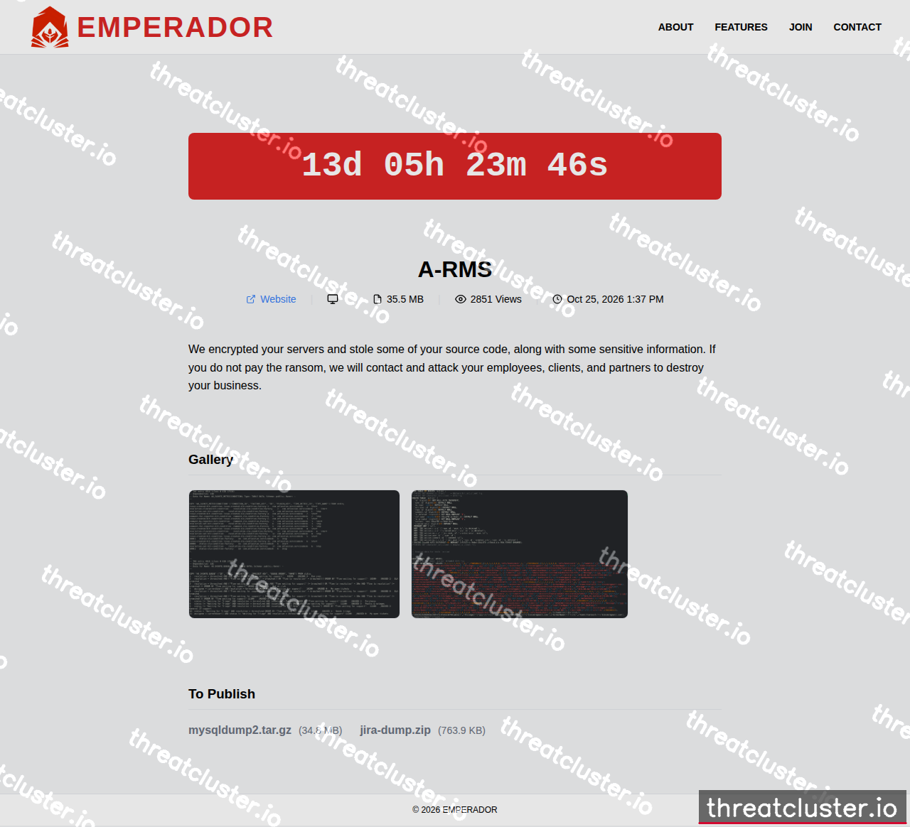 Leak-site post naming A-RMS, captured by ThreatCluster