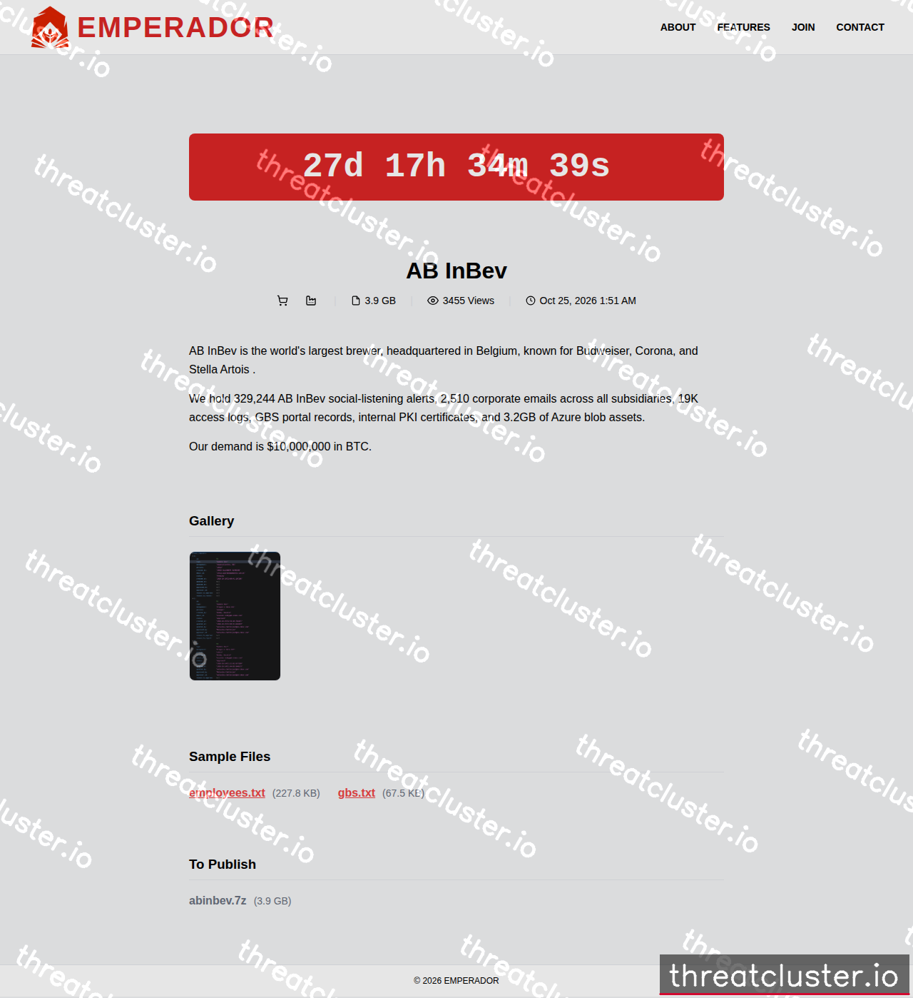 Leak-site post naming AB InBev, captured by ThreatCluster