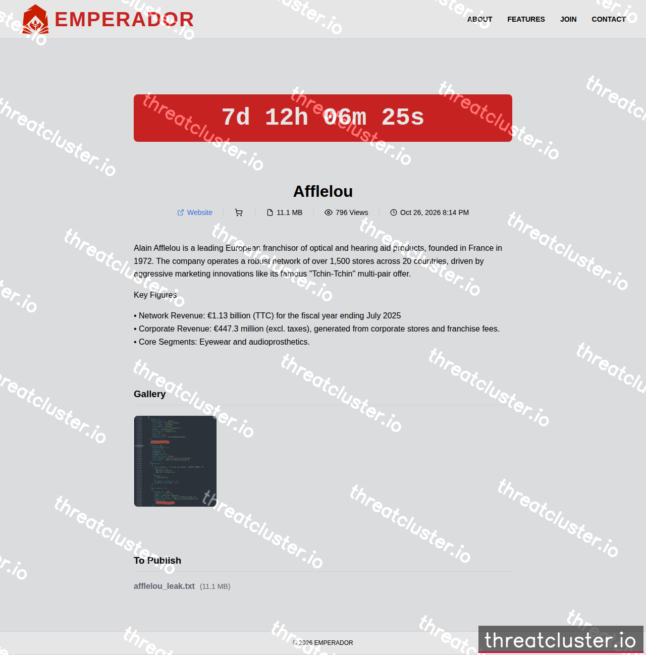 Leak-site post naming Afflelou, captured by ThreatCluster