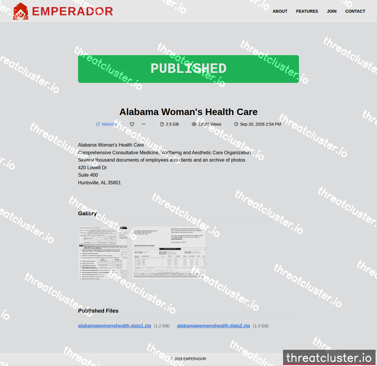 Leak-site post naming Alabama Woman's Health Care, captured by ThreatCluster