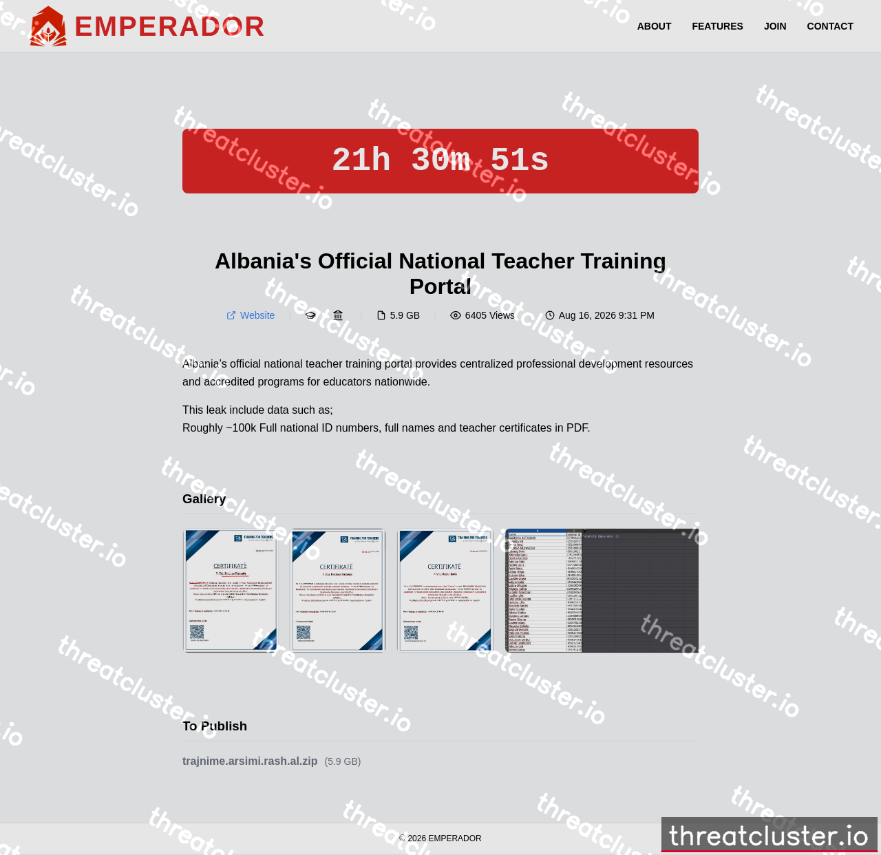 Leak-site post naming Albania's Official National Teacher Training Portal, captured by ThreatCluster