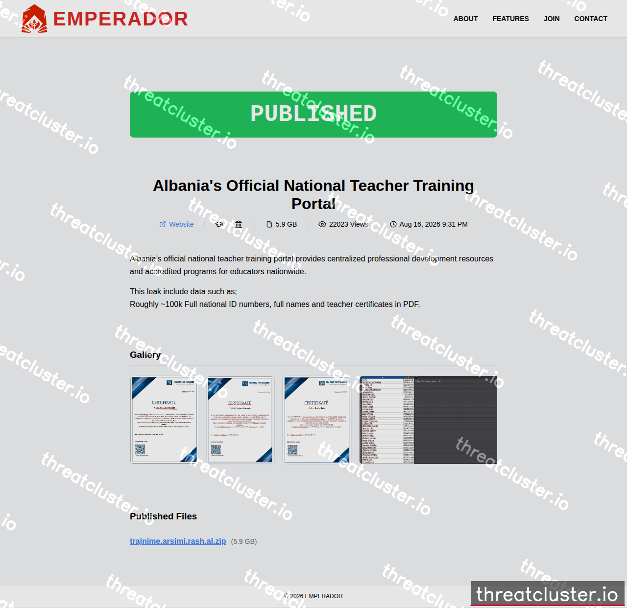 Leak-site post naming Albania's Official National Teacher Training Portal, captured by ThreatCluster