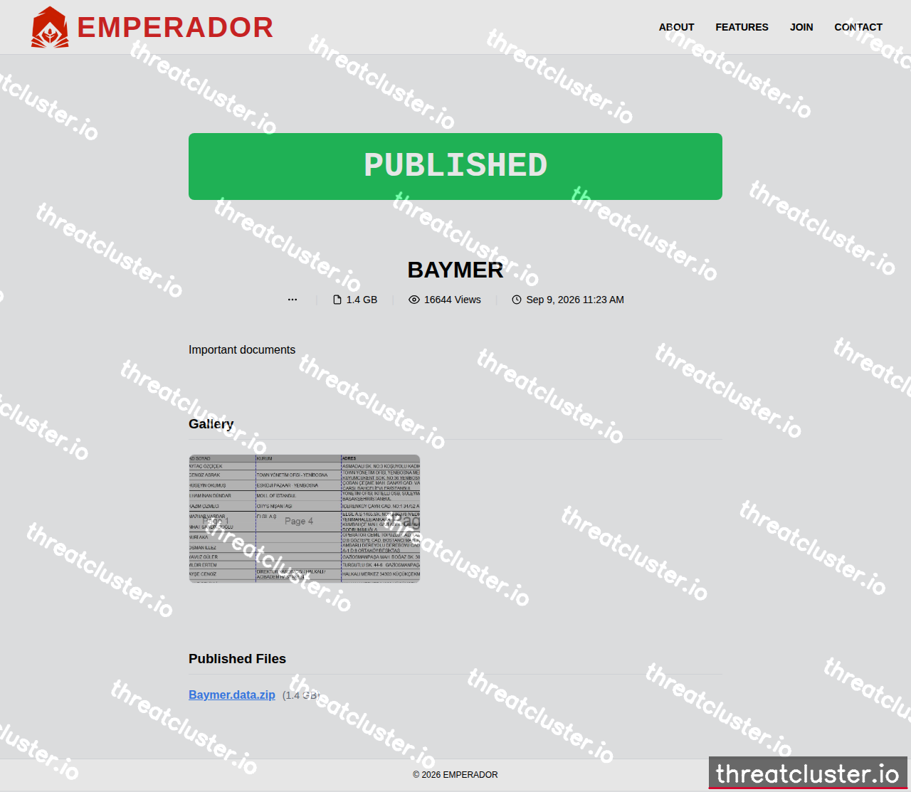 Leak-site post naming BAYMER, captured by ThreatCluster