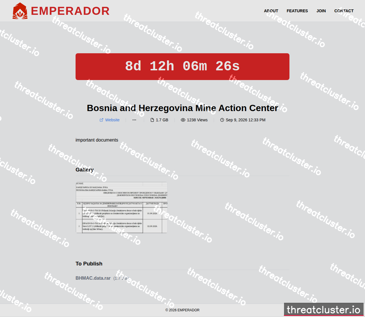 Leak-site post naming Bosnia and Herzegovina Mine Action Center, captured by ThreatCluster