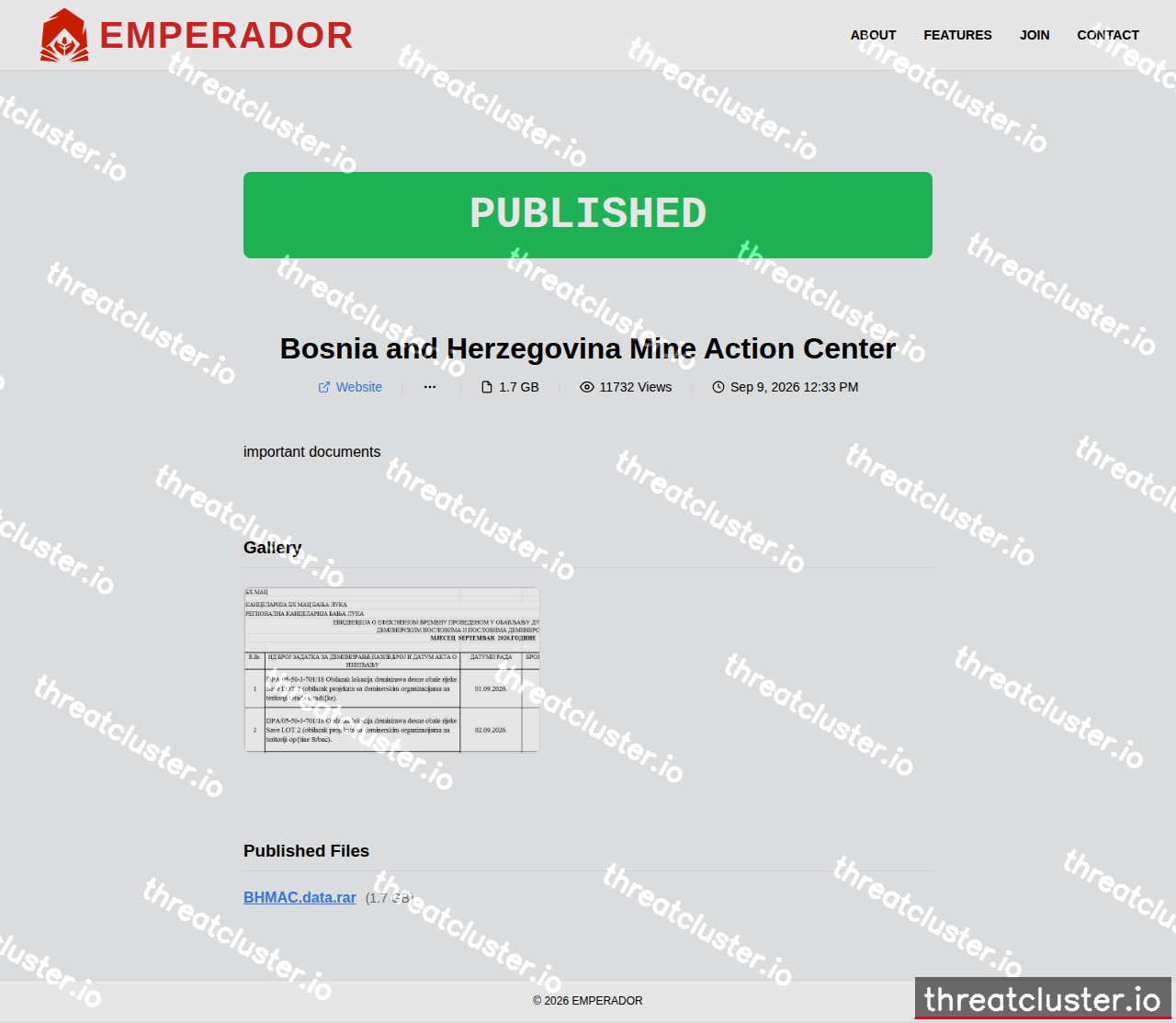 Leak-site post naming Bosnia and Herzegovina Mine Action Center, captured by ThreatCluster