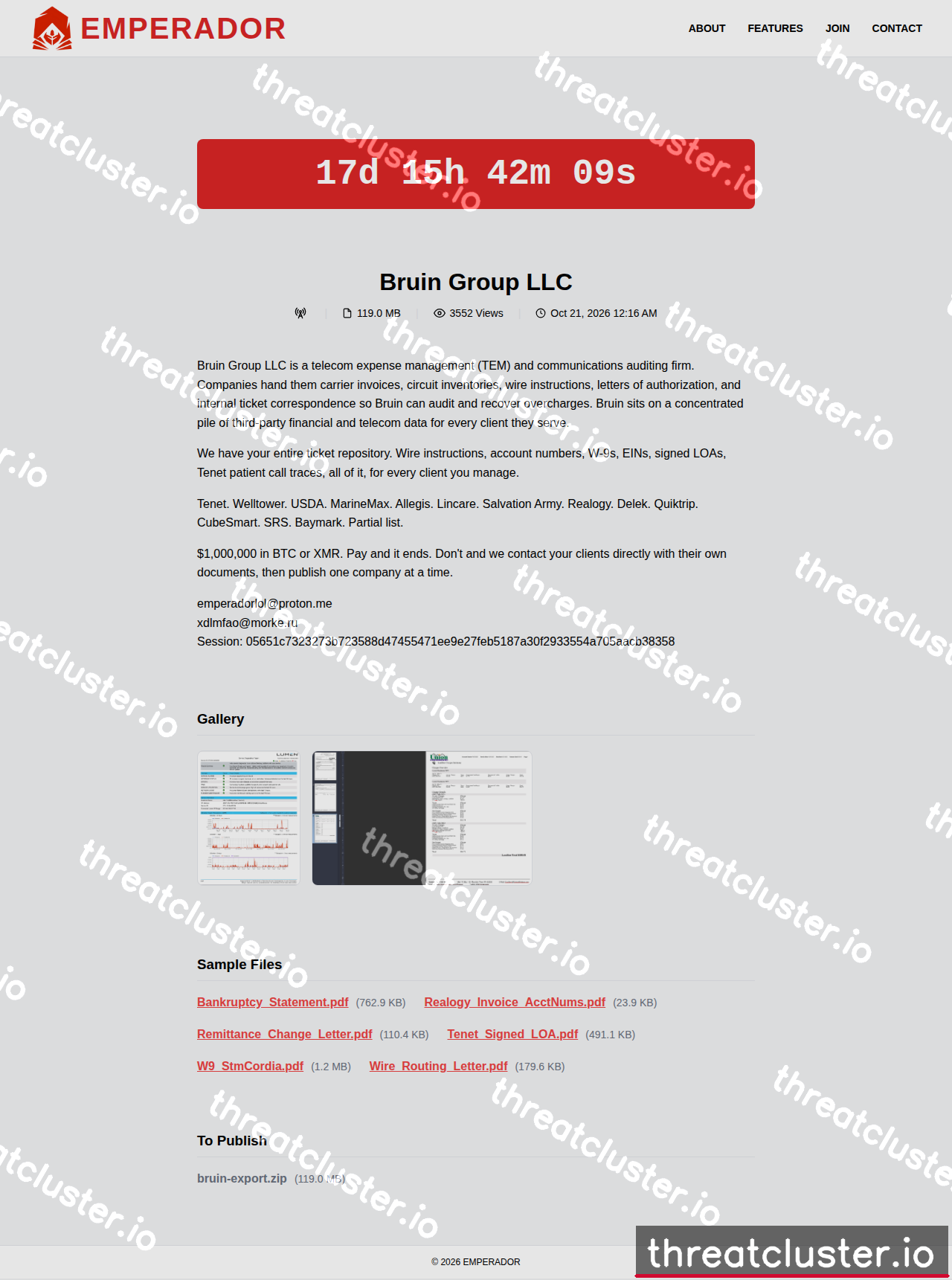 Leak-site post naming Bruin Group LLC, captured by ThreatCluster