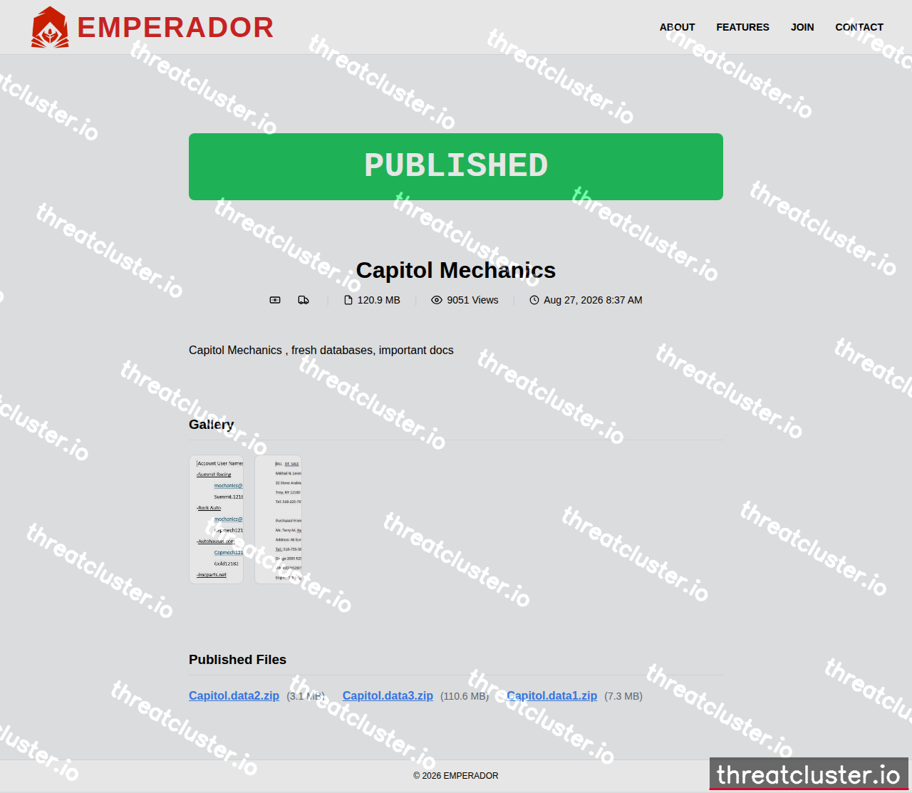 Leak-site post naming Capitol Mechanics, captured by ThreatCluster