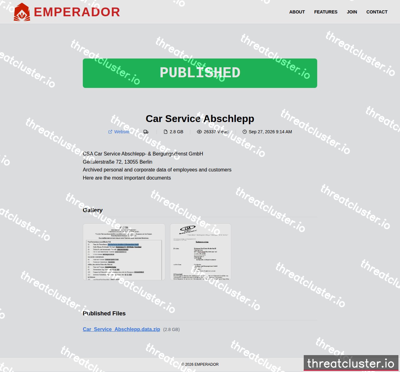 Leak-site post naming Car Service Abschlepp, captured by ThreatCluster