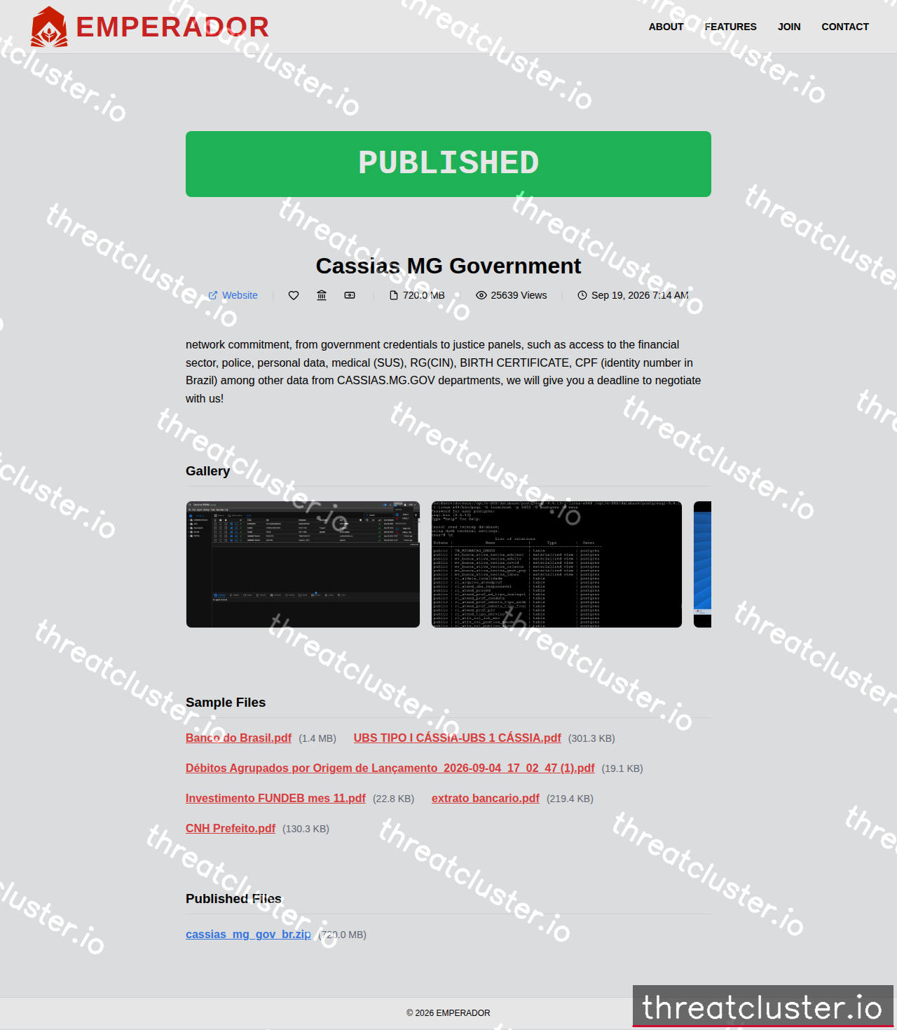 Leak-site post naming Cassias MG Government, captured by ThreatCluster