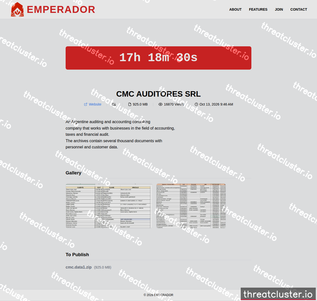 Leak-site post naming CMC AUDITORES SRL, captured by ThreatCluster