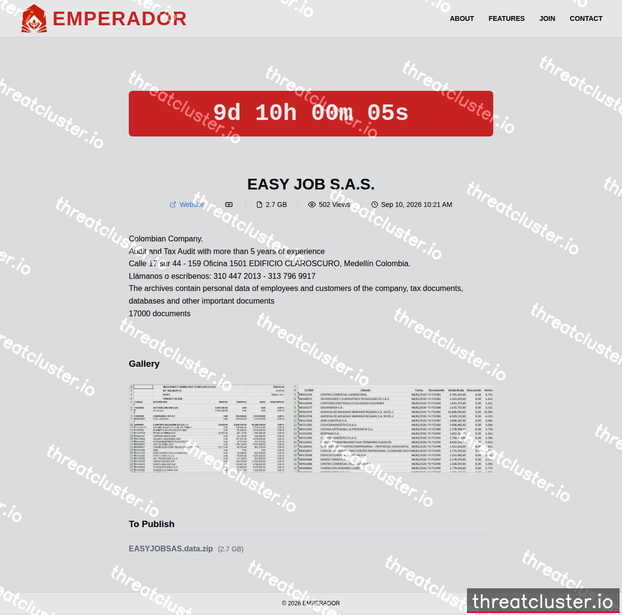 Leak site of emperador, captured by ThreatCluster