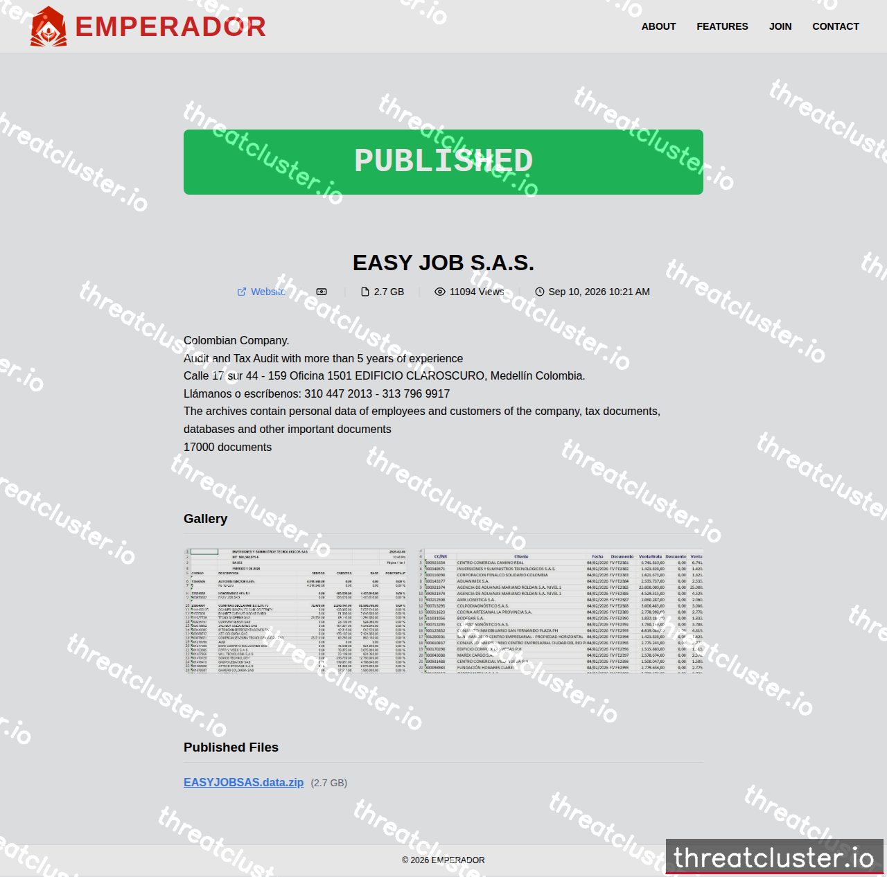 Leak-site post naming EASY JOB S.A.S., captured by ThreatCluster