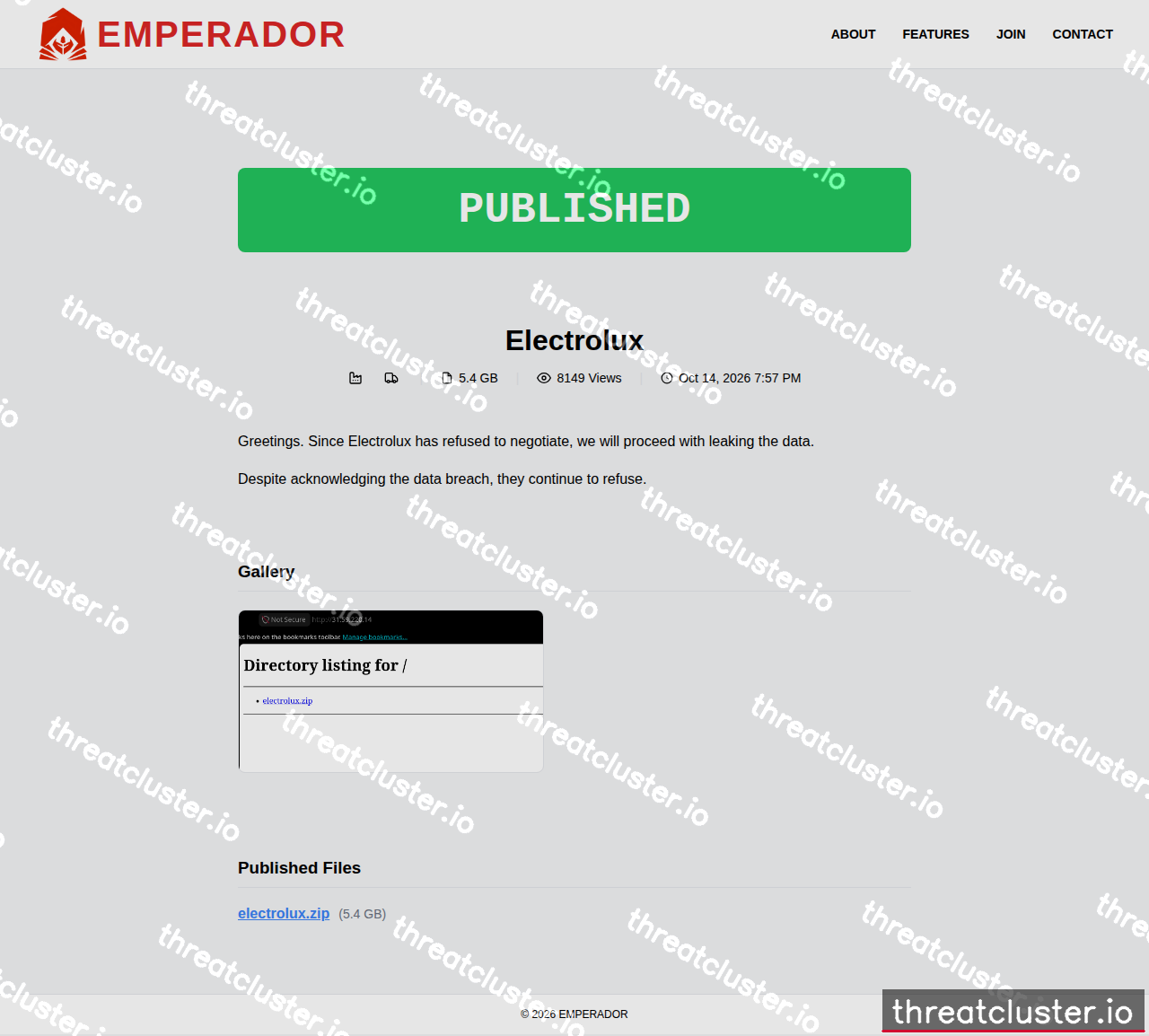 Leak-site post naming Electrolux, captured by ThreatCluster