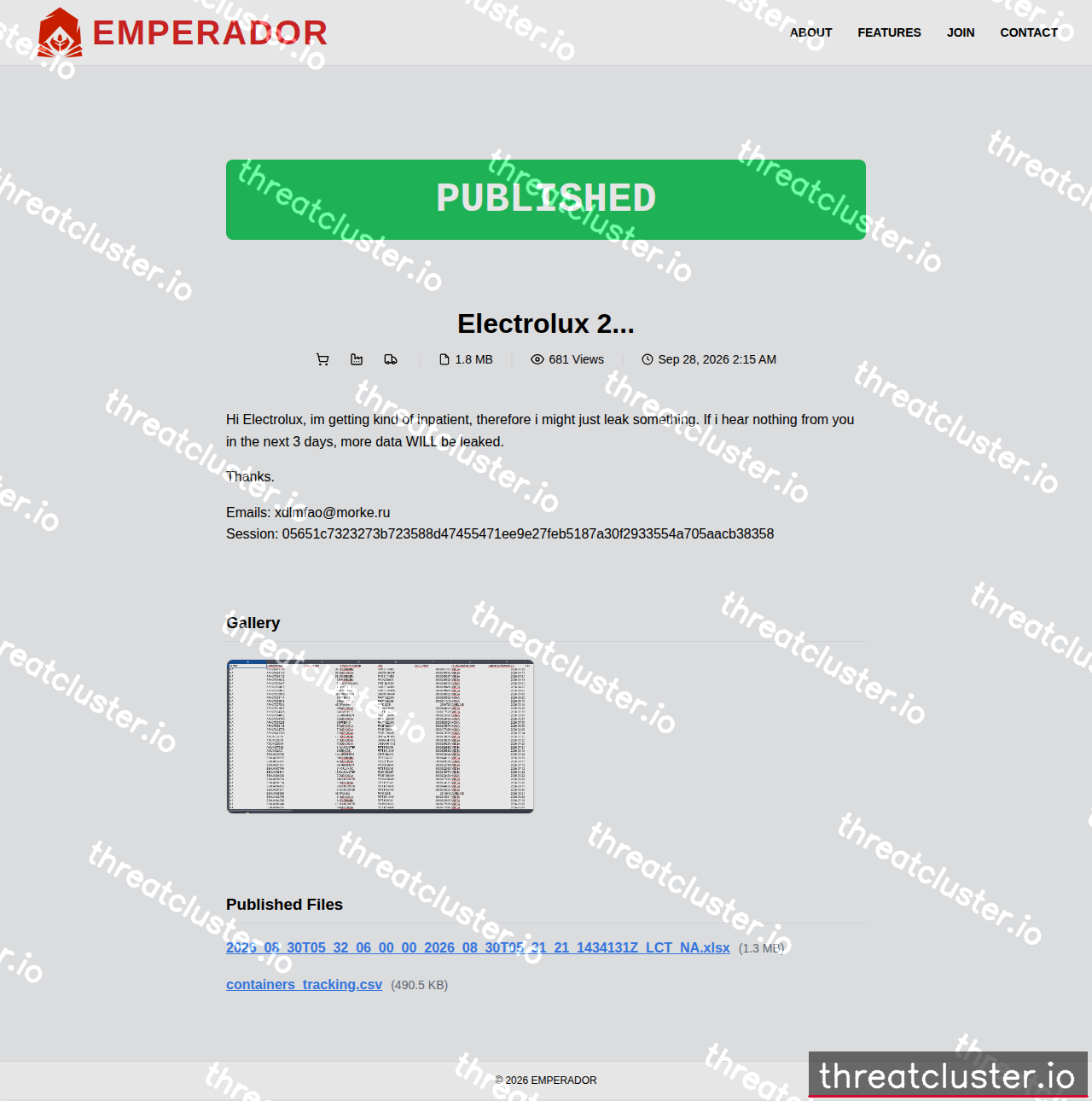 Leak-site post naming Electrolux 2..., captured by ThreatCluster