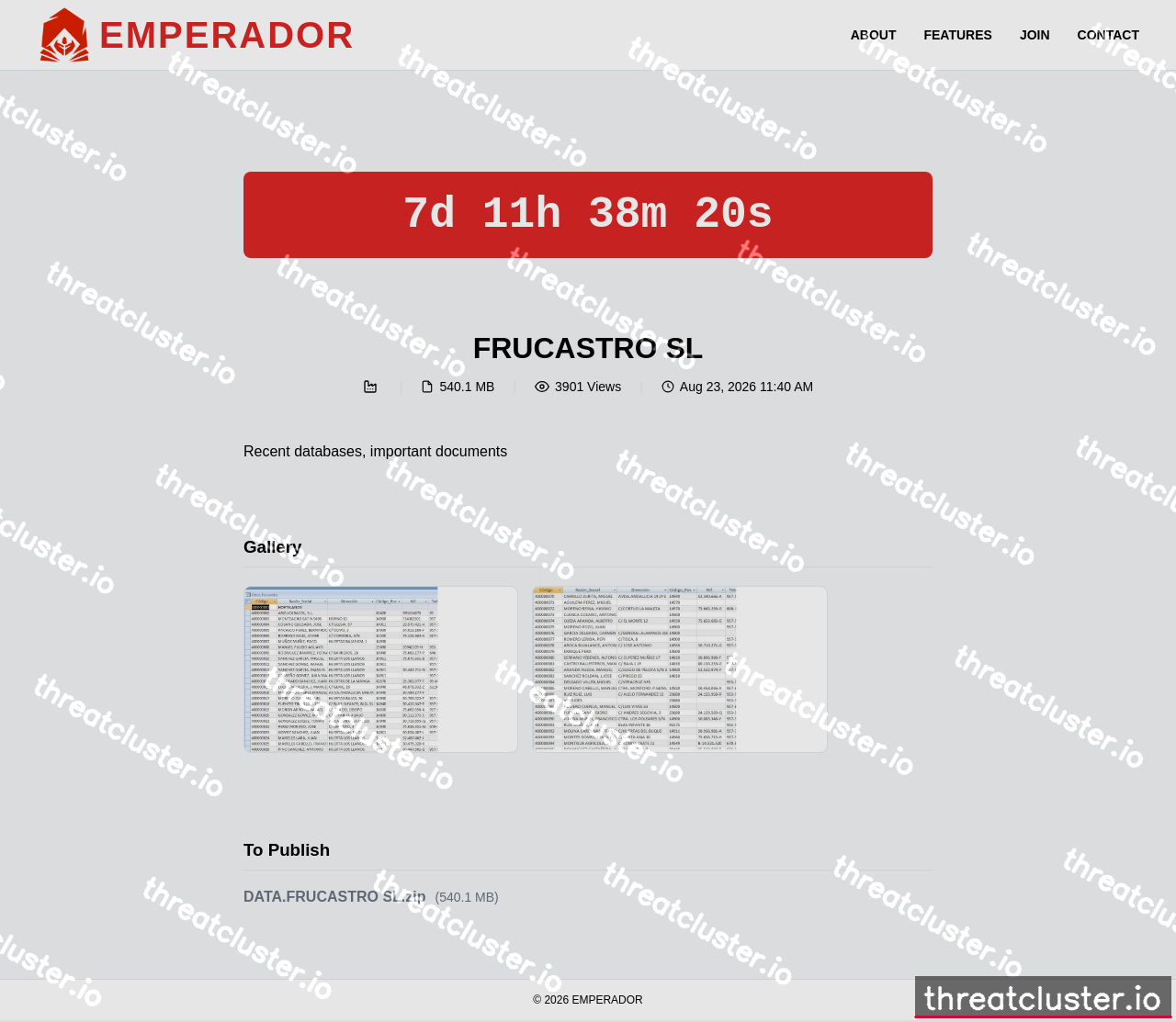 Leak-site post naming FRUCASTRO SL, captured by ThreatCluster