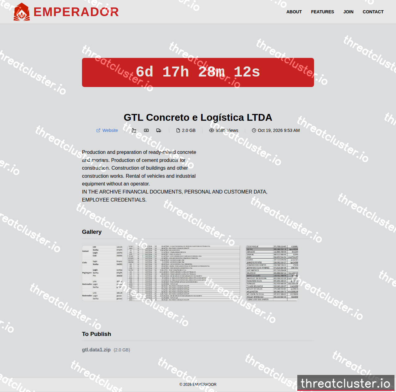 Leak-site post naming GTL Concreto e Logística LTDA, captured by ThreatCluster