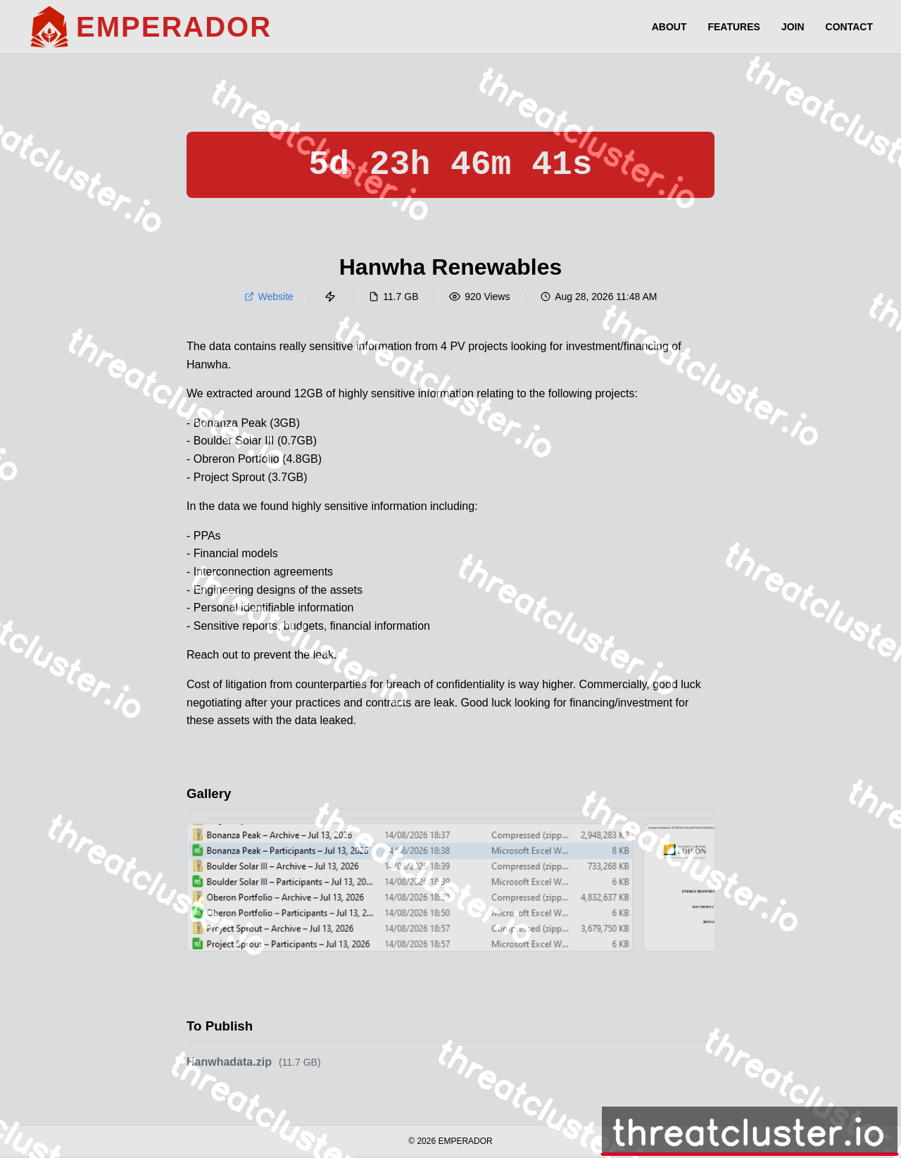 Leak-site post naming Hanwha Renewables, captured by ThreatCluster
