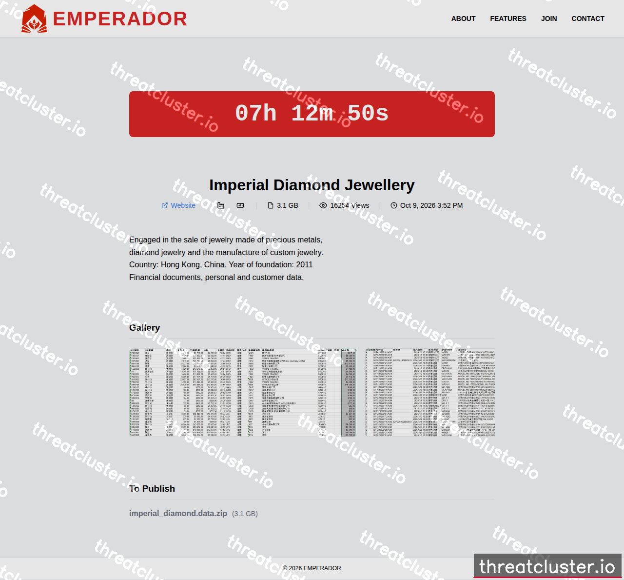 Leak-site post naming Imperial Diamond Jewellery, captured by ThreatCluster
