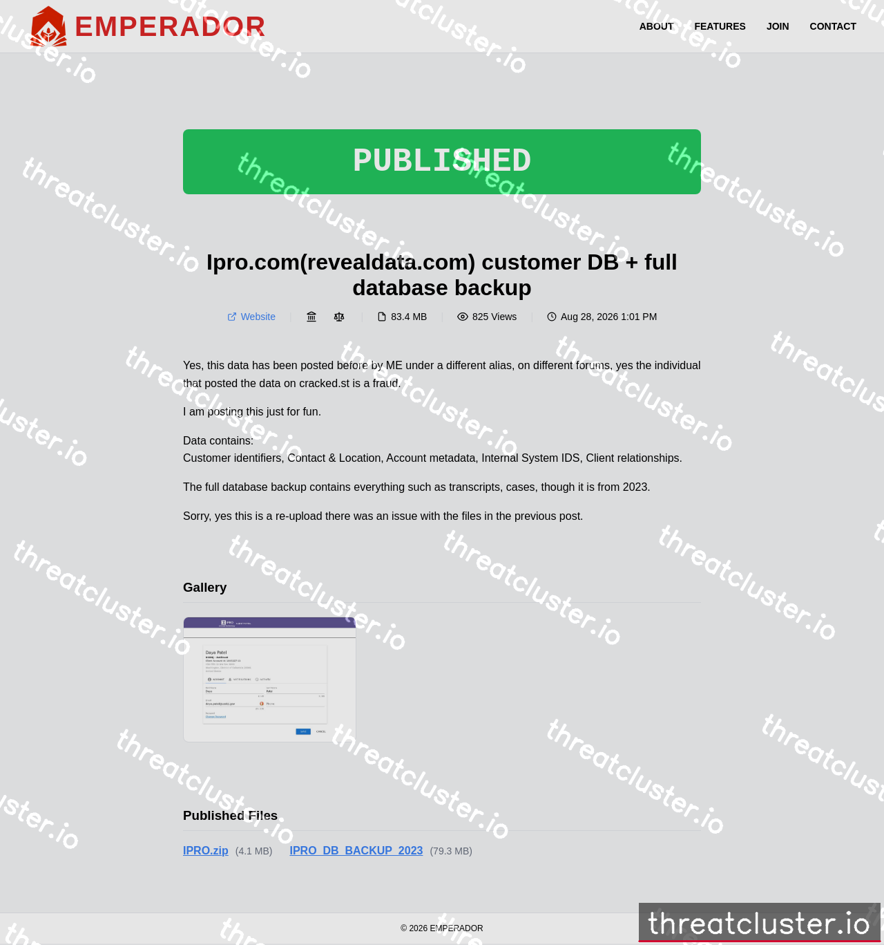 Leak-site post naming Ipro.com(revealdata.com) customer DB + full database backup, captured by ThreatCluster