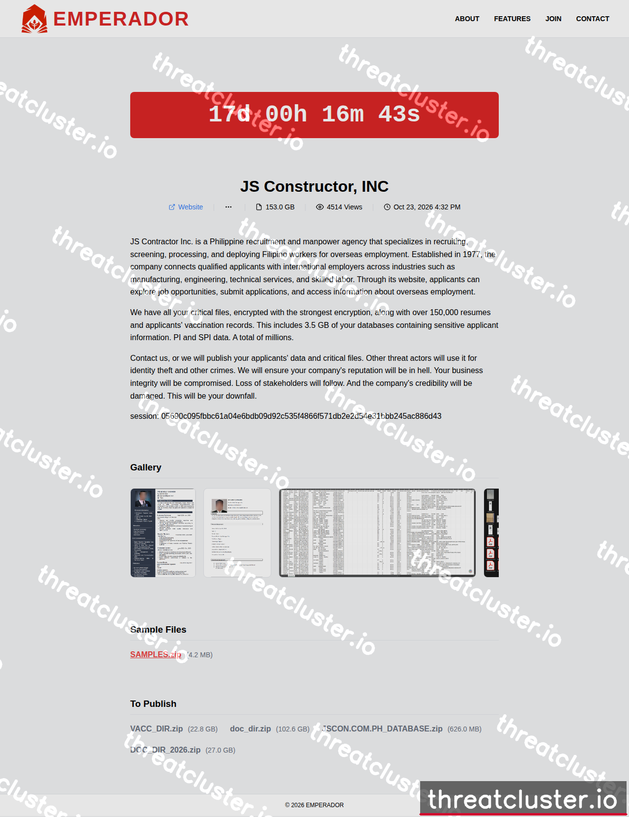 Leak-site post naming JS Constructor, INC, captured by ThreatCluster