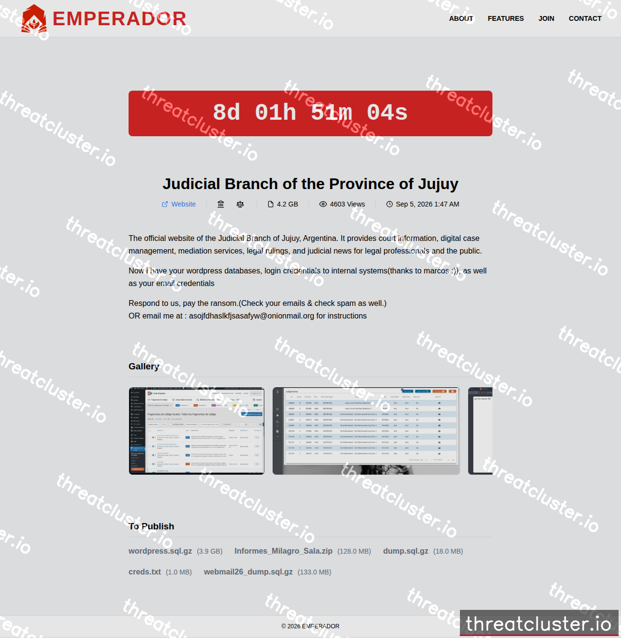 Leak-site post naming Judicial Branch of the Province of Jujuy, captured by ThreatCluster