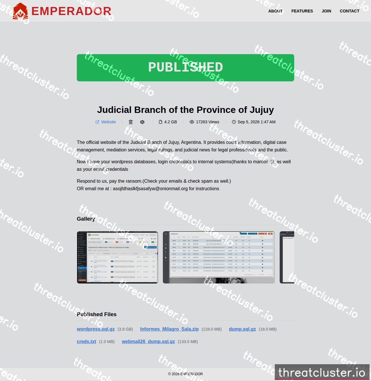 Leak-site post naming Judicial Branch of the Province of Jujuy, captured by ThreatCluster