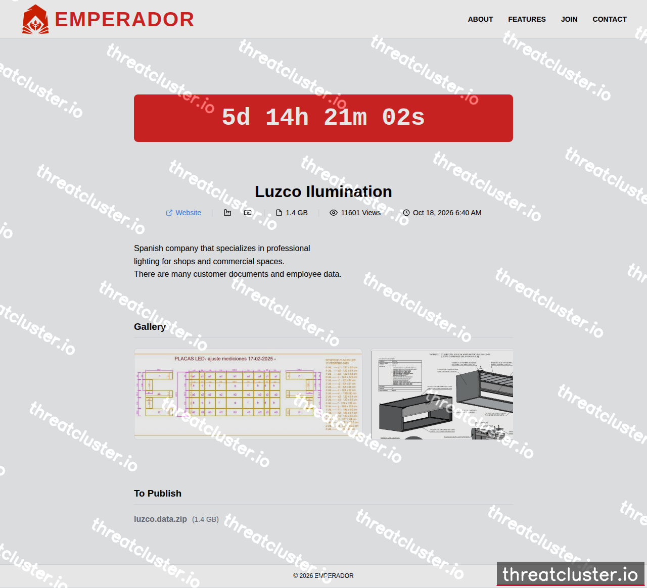 Leak-site post naming Luzco Ilumination, captured by ThreatCluster