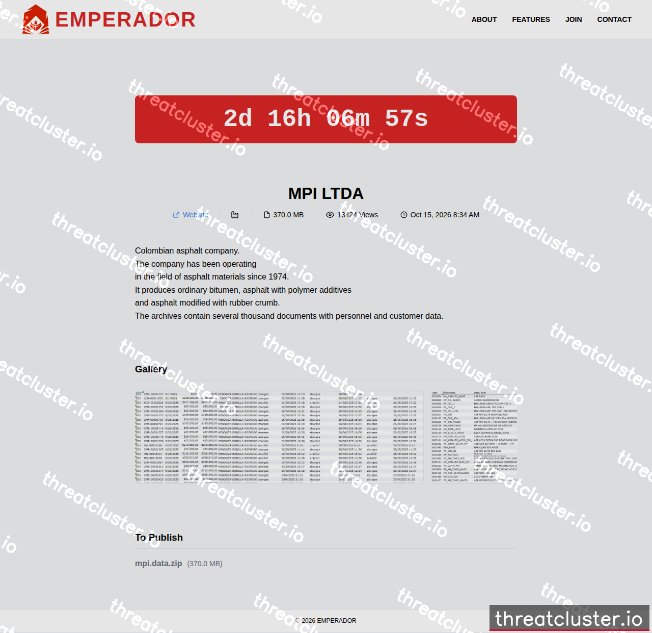 Leak-site post naming MPI LTDA, captured by ThreatCluster