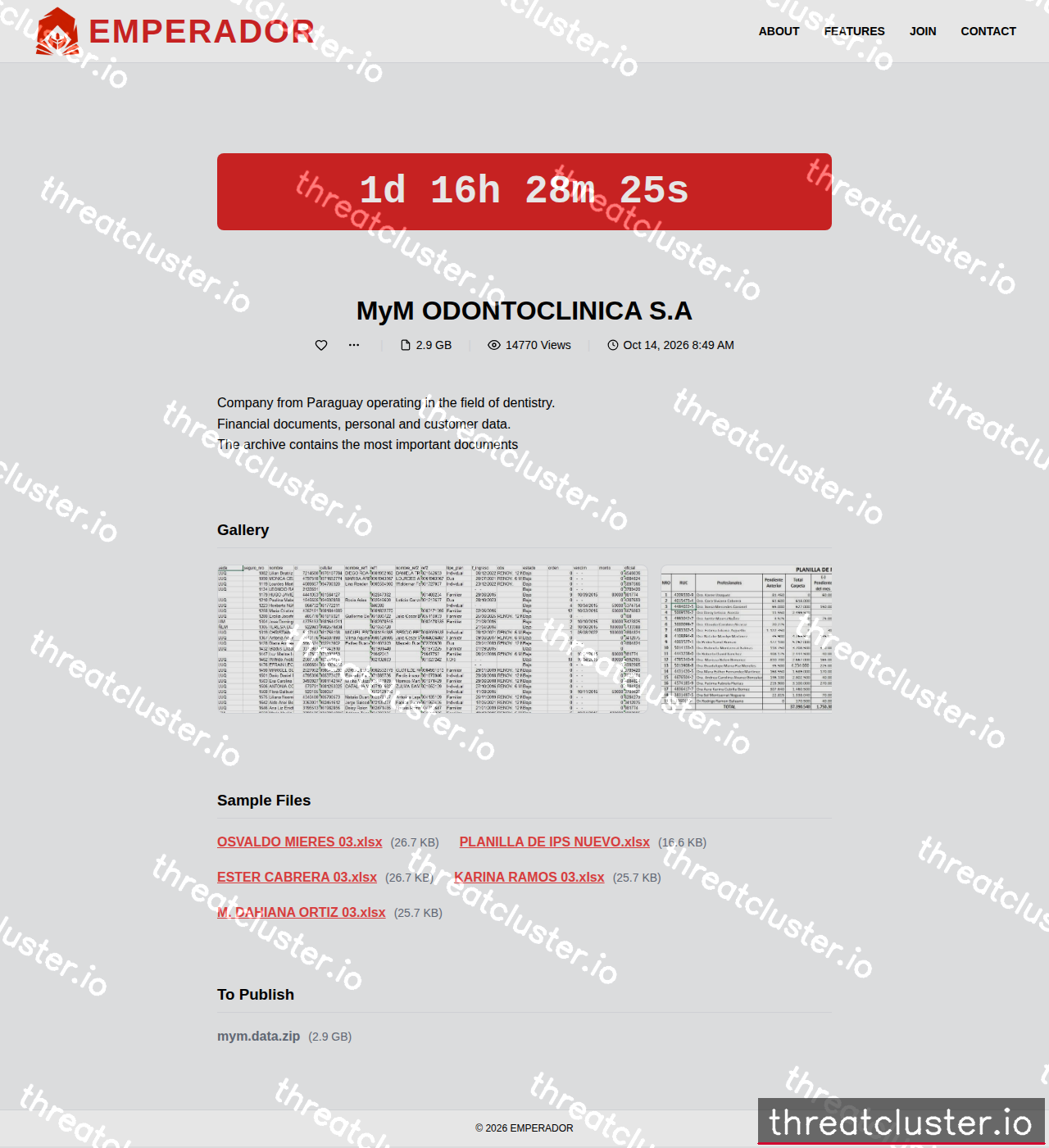 Leak-site post naming MyM ODONTOCLINICA S.A, captured by ThreatCluster