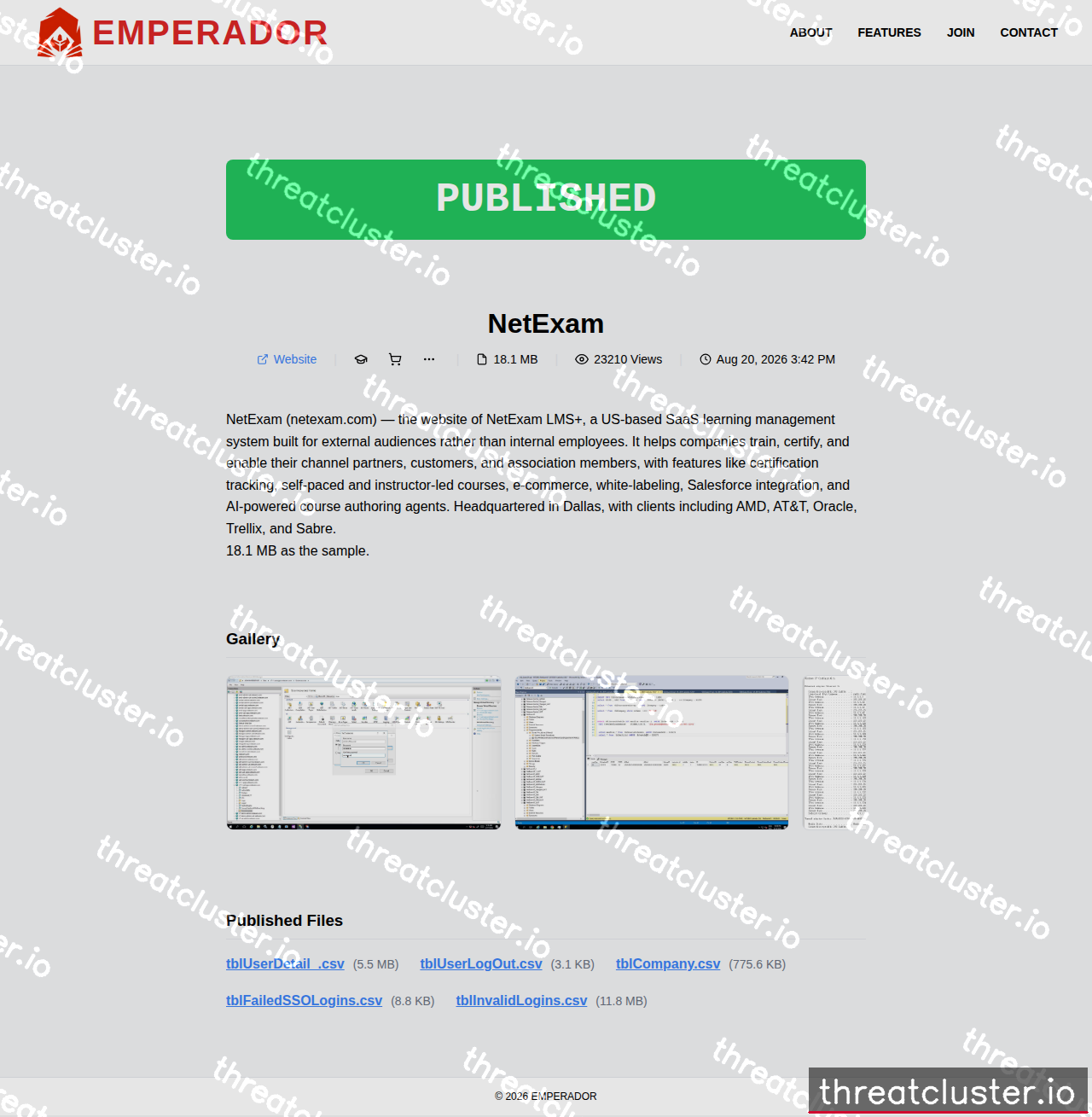 Leak-site post naming NetExam, captured by ThreatCluster