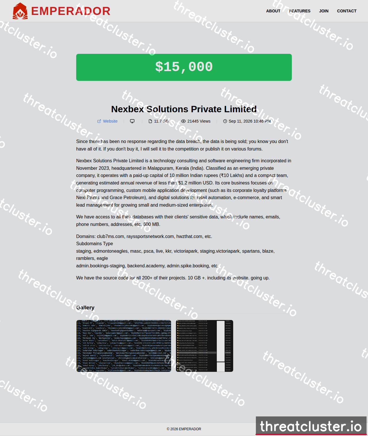 Leak-site post naming Nexbex Solutions Private Limited, captured by ThreatCluster