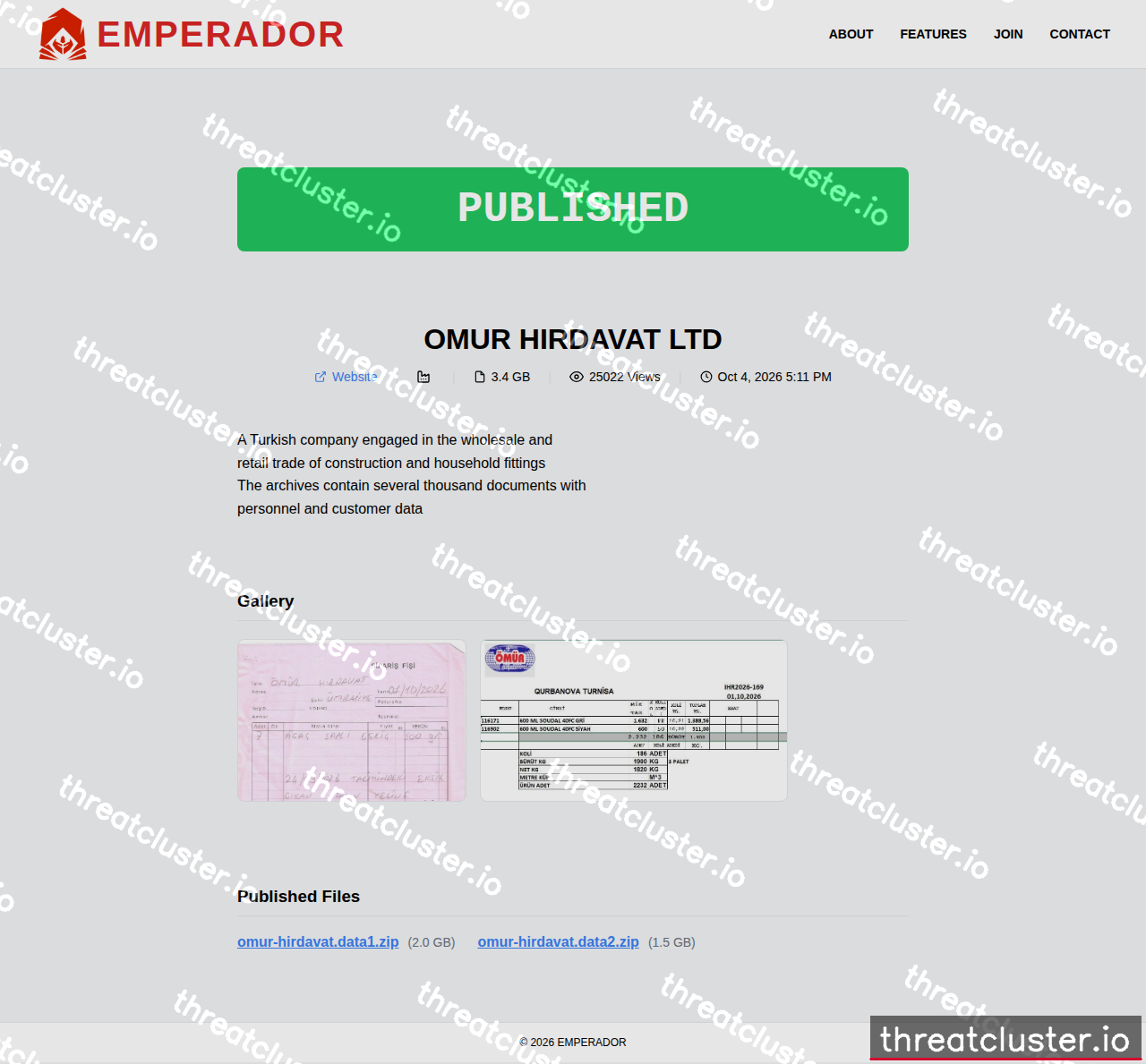 Leak-site post naming OMUR HIRDAVAT LTD, captured by ThreatCluster