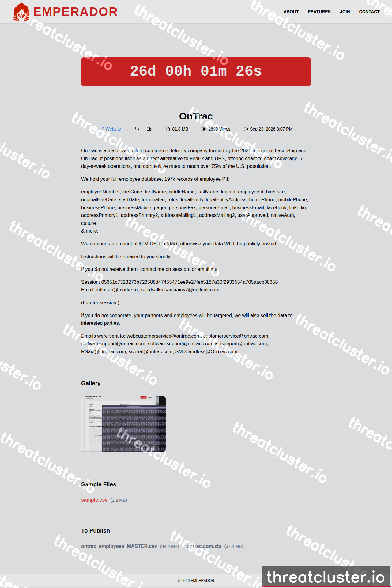 Leak-site post naming OnTrac, captured by ThreatCluster