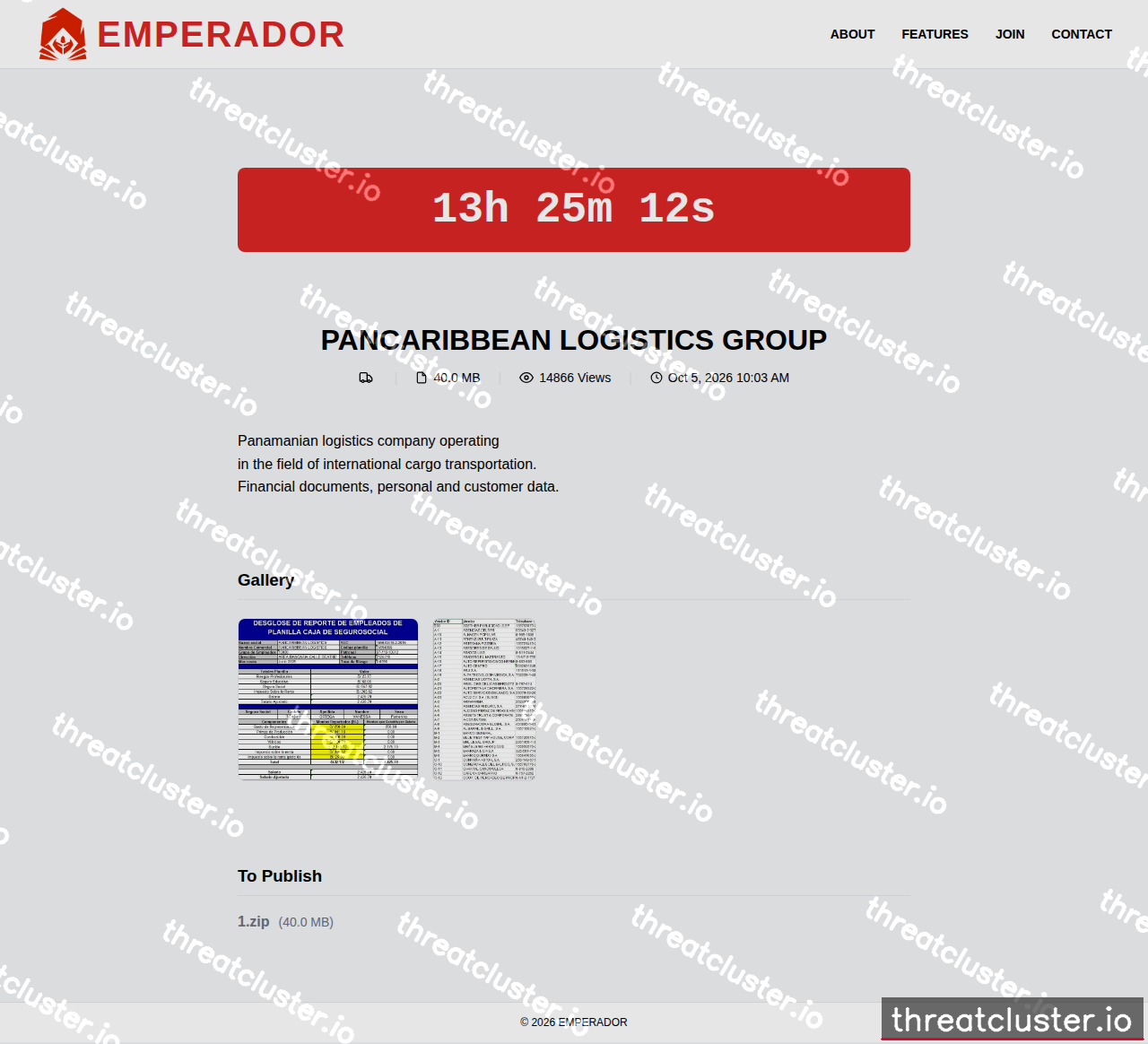Leak-site post naming PANCARIBBEAN LOGISTICS GROUP, captured by ThreatCluster