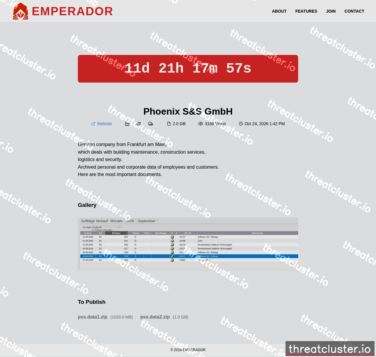 Leak-site post naming Phoenix S&S GmbH, captured by ThreatCluster