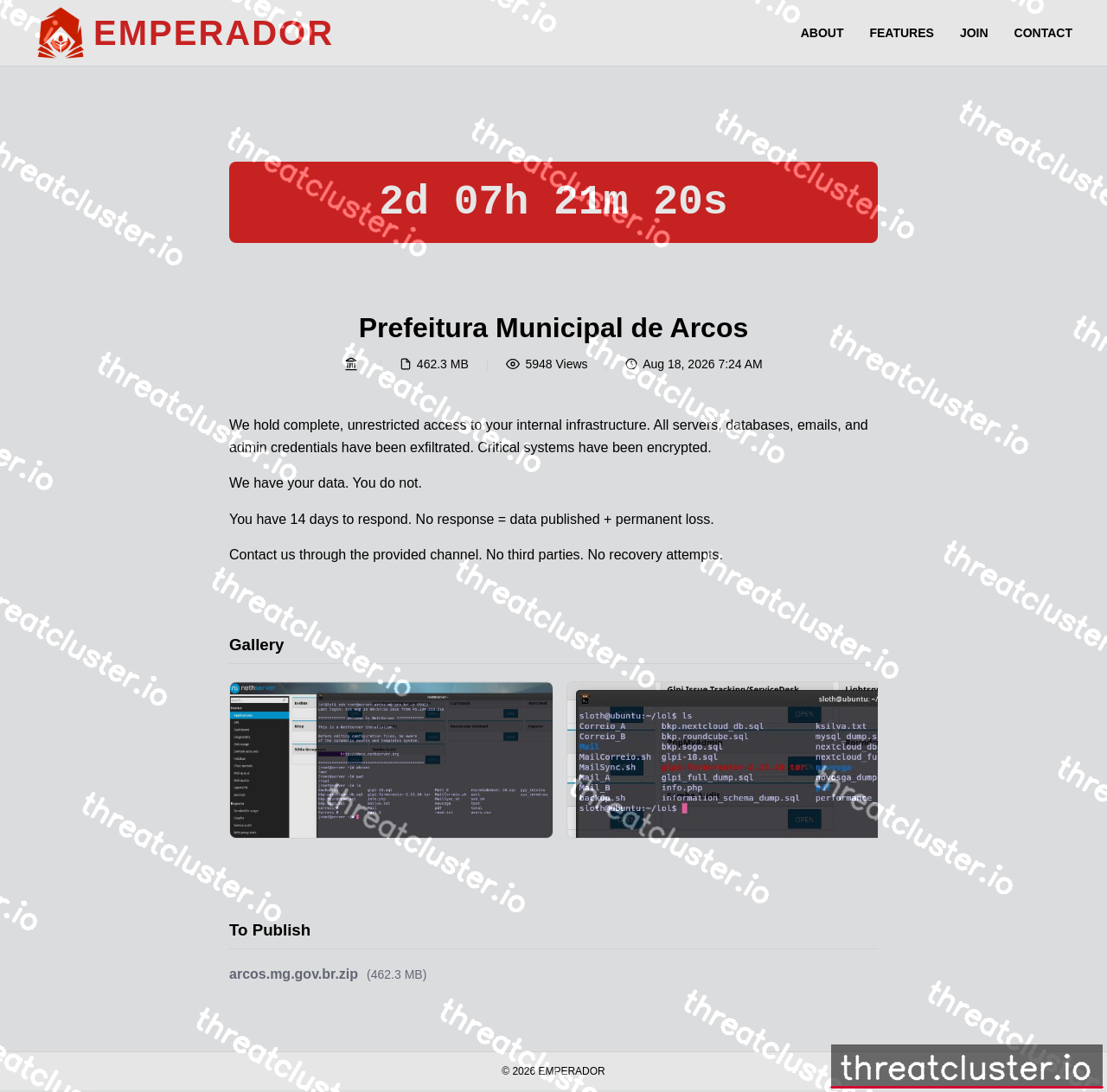 Leak-site post naming Prefeitura Municipal de Arcos, captured by ThreatCluster