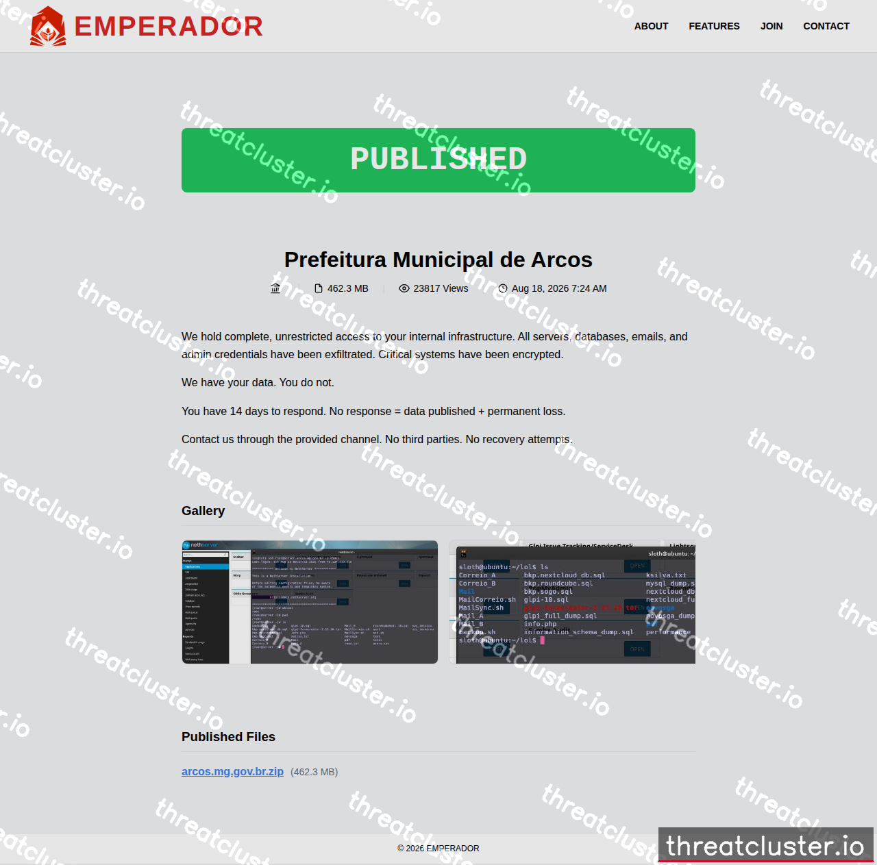 Leak-site post naming Prefeitura Municipal de Arcos, captured by ThreatCluster