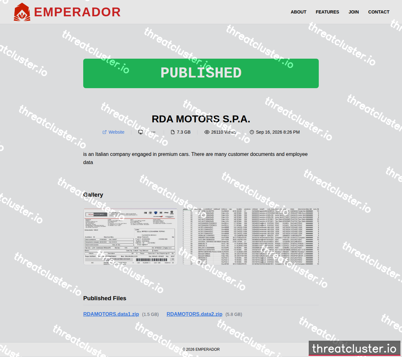 Leak-site post naming RDA MOTORS S.P.A., captured by ThreatCluster