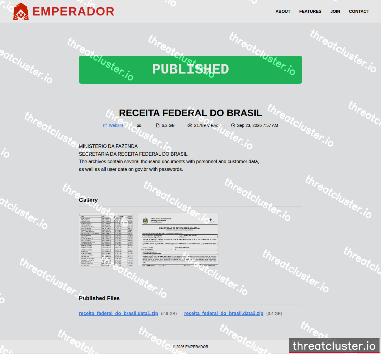 Leak-site post naming RECEITA FEDERAL DO BRASIL, captured by ThreatCluster