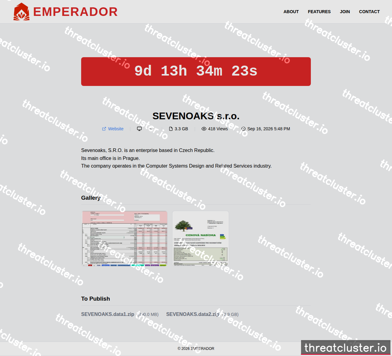 Leak-site post naming SEVENOAKS s.r.o., captured by ThreatCluster