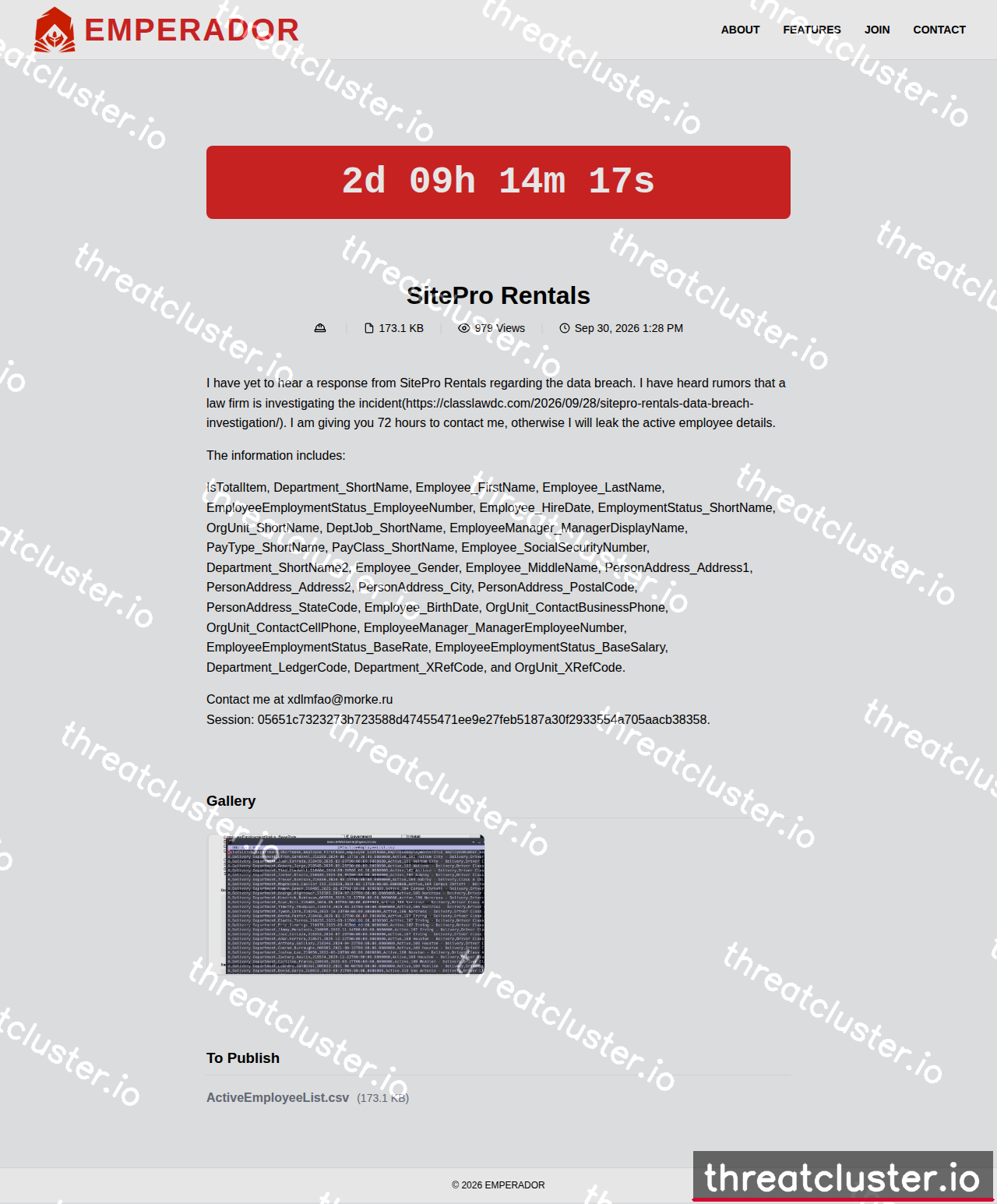 Leak-site post naming SitePro Rentals, captured by ThreatCluster